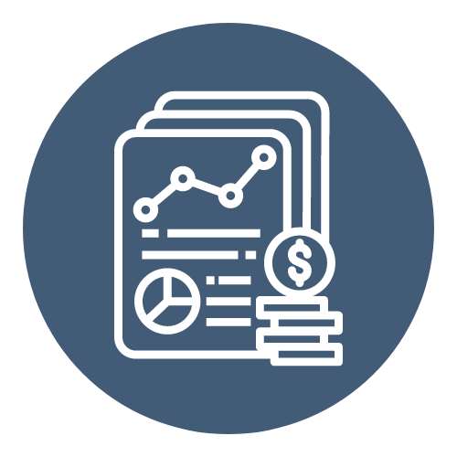 Data Analytics Reporting in an icon as sheets of paper with graphs and nondescript lines of text next to a pile of coins with one showing a $ (dollar sign).