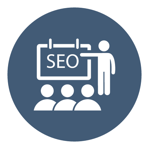 SEO as an icon with a person pointing to a sign stating SEO in front of three other people representations.